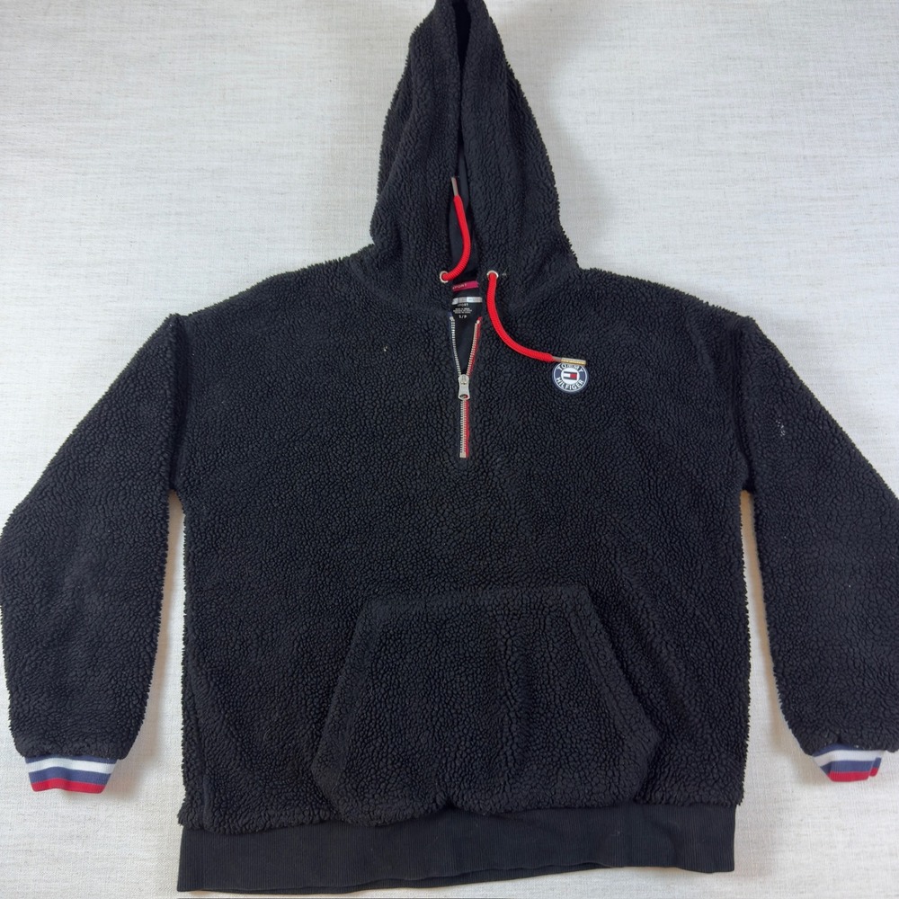 Tommy Hilfiger Sport Black Sherpa Fleece Quarter Zip Hoodie Womens Small AS IS